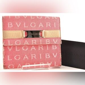 BVLGARI Bi-Fold Wallet Canvas Leather Pink Ivory Women Used Auth